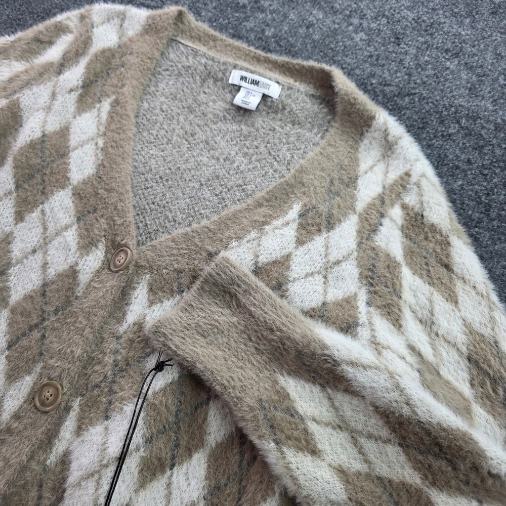 William Rast Argyle Cardigan Fuzzy Knit V-Neck Sweater NWT Large Tan White Wom